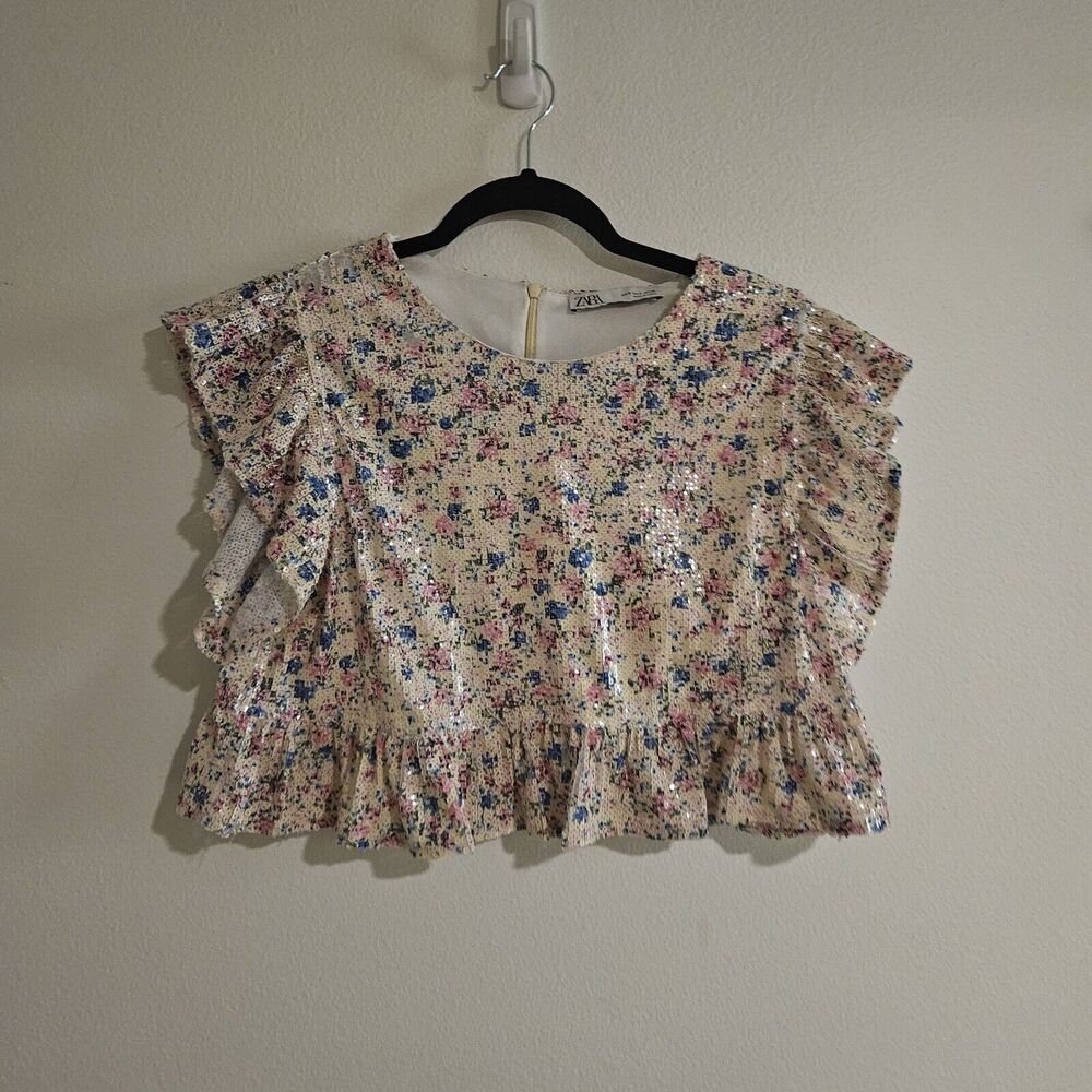 ZARA Stunning Cropped Sequins Party Flowy Sleeve Blouse. Pink Blue Flower Euc